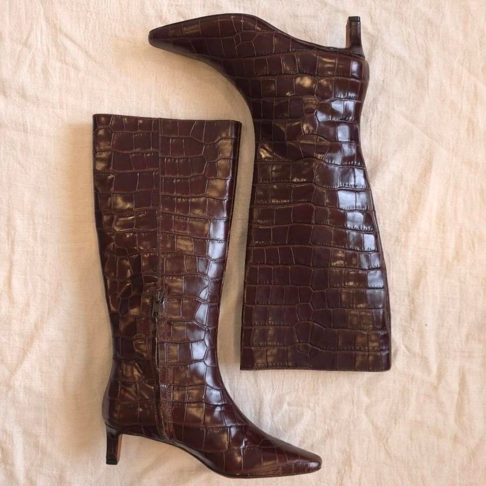 Madewell Brown Croc-Embossed Leather Mid-Knee Heeled Boots